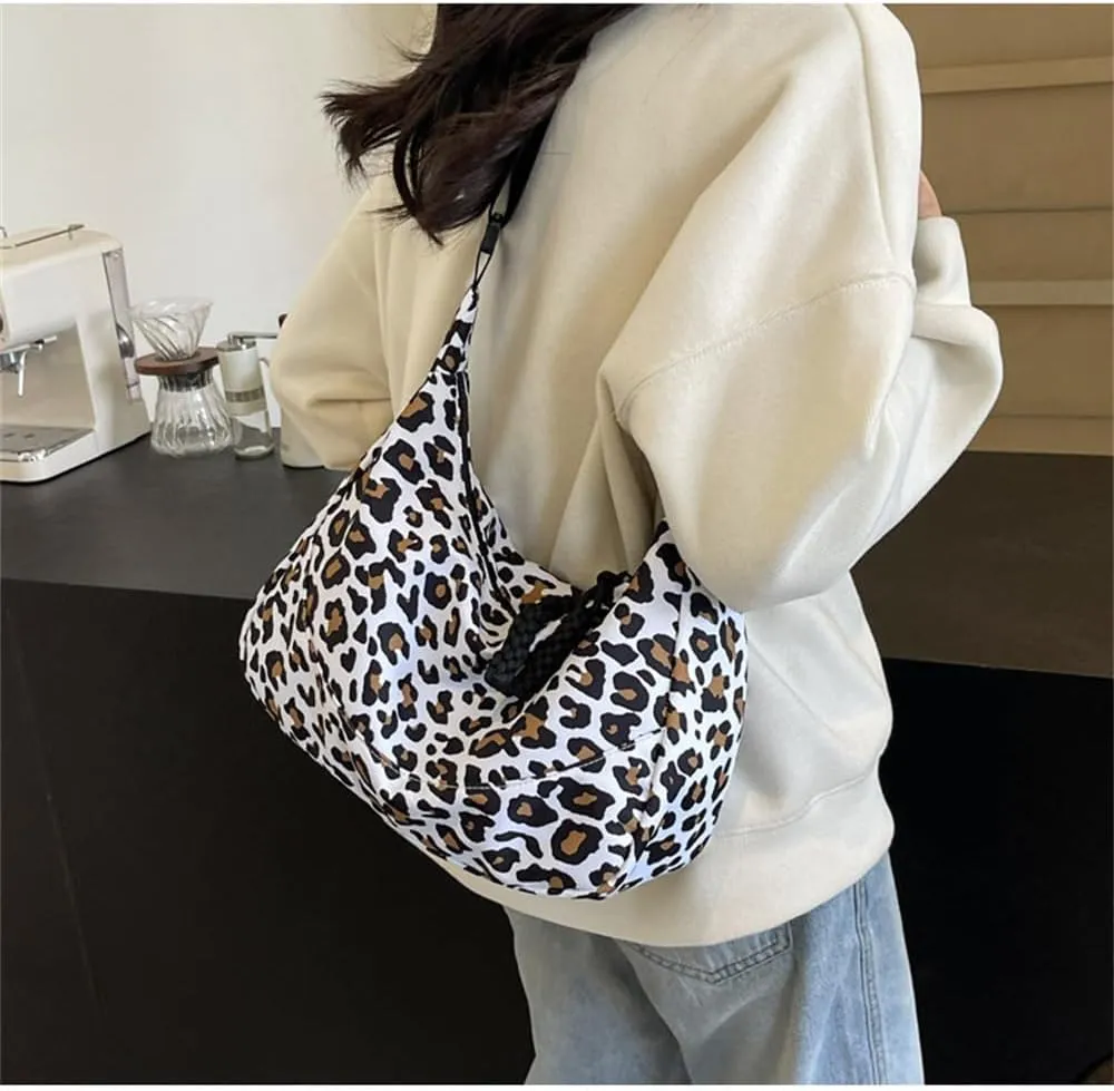Leopard Print Messenger Bag for Women Canvas Slouchy Cheetah Print Hobo Shoulder Dumpling Bag Leopard Crossbody Bag