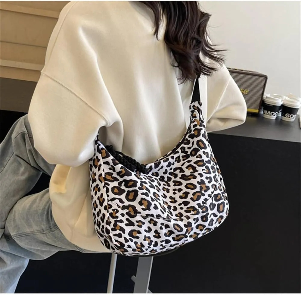 Leopard Print Messenger Bag for Women Canvas Slouchy Cheetah Print Hobo Shoulder Dumpling Bag Leopard Crossbody Bag