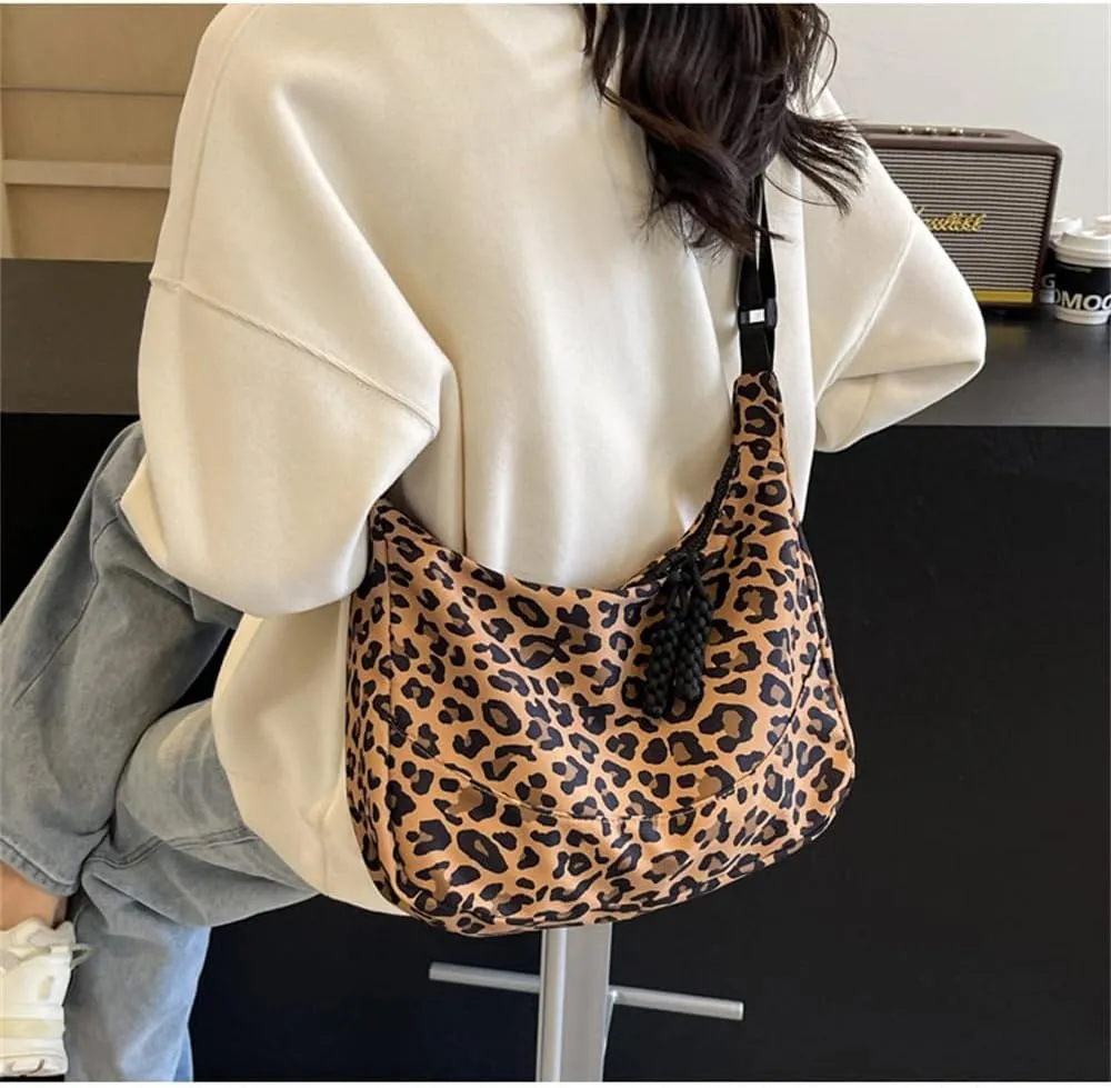 Leopard Print Messenger Bag for Women Canvas Slouchy Cheetah Print Hobo Shoulder Dumpling Bag Leopard Crossbody Bag