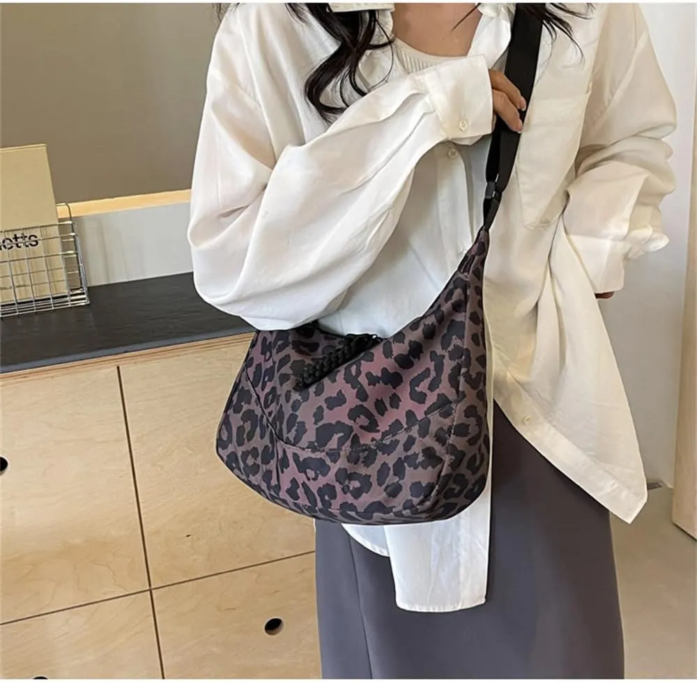 Leopard Print Messenger Bag for Women Canvas Slouchy Cheetah Print Hobo Shoulder Dumpling Bag Leopard Crossbody Bag