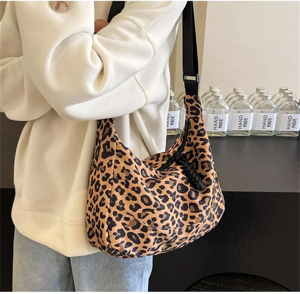 Leopard Print Messenger Bag for Women Canvas Slouchy Cheetah Print Hobo Shoulder Dumpling Bag Leopard Crossbody Bag