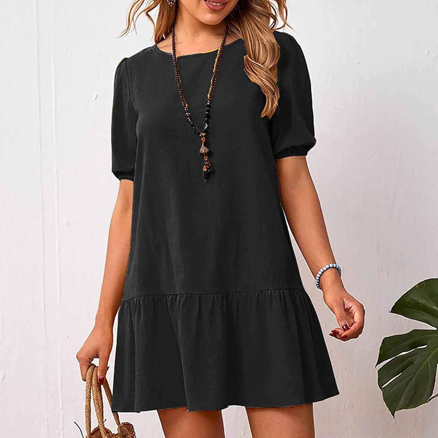 Linen Dresses for Women 2025 Casual Short Sleeve Solid Color Sundress Fashion Loose Crew Neck Pleated Summer Dress