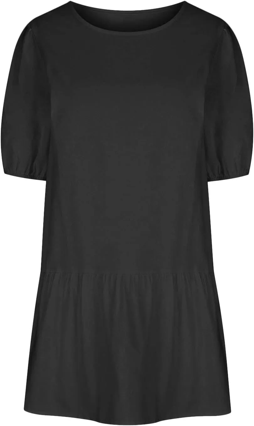 Linen Dresses for Women 2025 Casual Short Sleeve Solid Color Sundress Fashion Loose Crew Neck Pleated Summer Dress