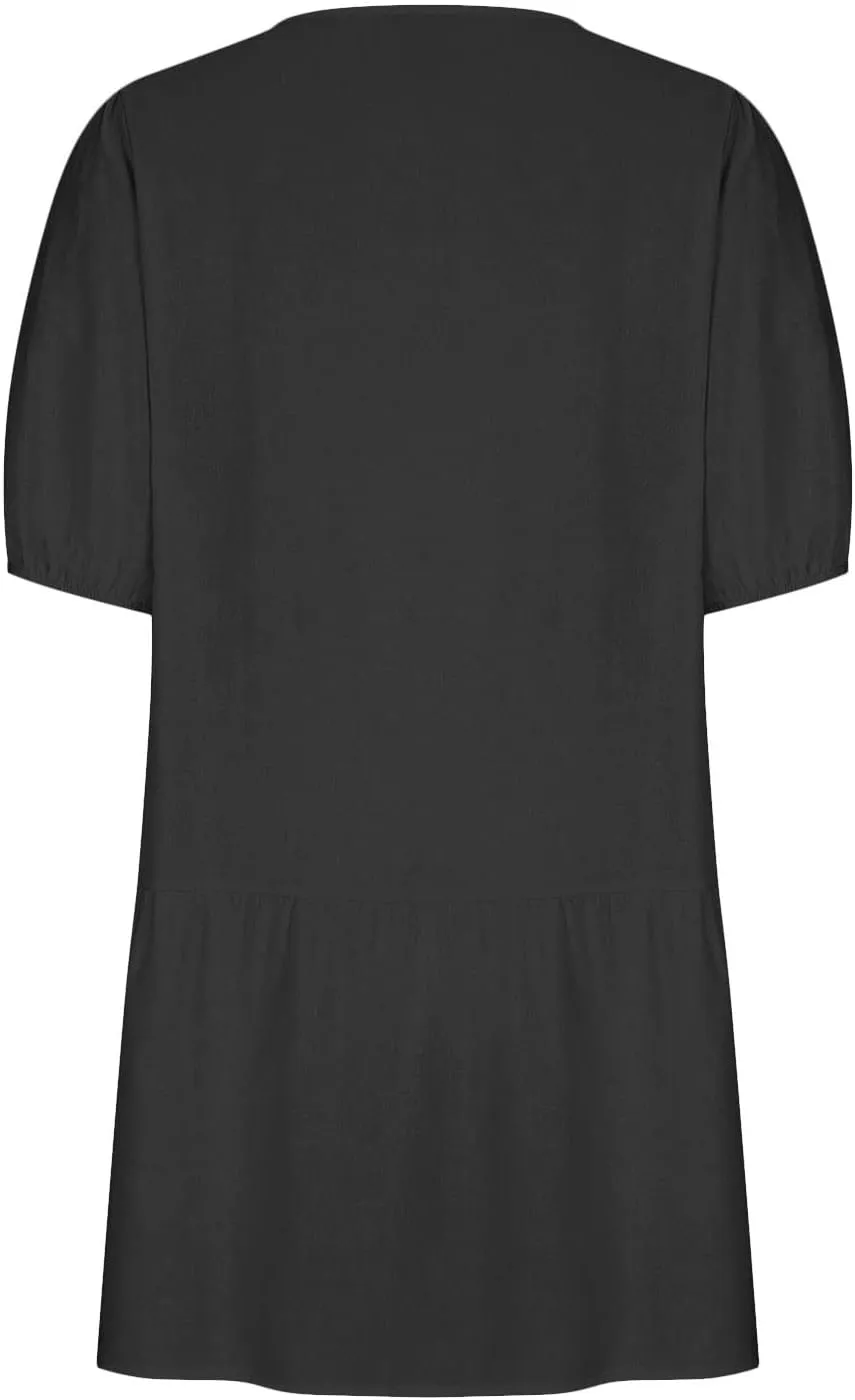 Linen Dresses for Women 2025 Casual Short Sleeve Solid Color Sundress Fashion Loose Crew Neck Pleated Summer Dress