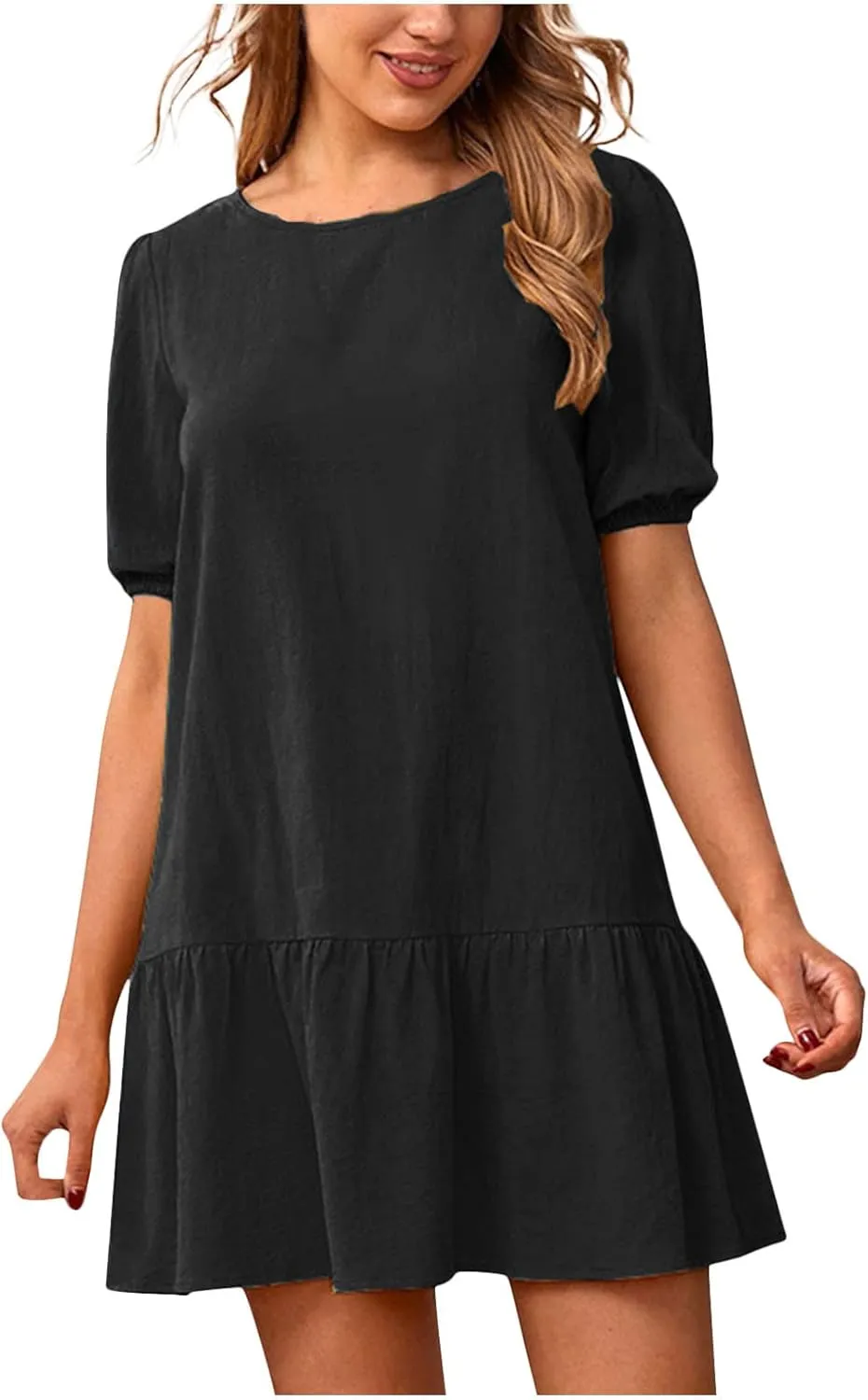 Linen Dresses for Women 2025 Casual Short Sleeve Solid Color Sundress Fashion Loose Crew Neck Pleated Summer Dress