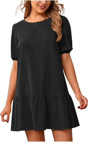 Linen Dresses for Women 2025 Casual Short Sleeve Solid Color Sundress Fashion Loose Crew Neck Pleated Summer Dress