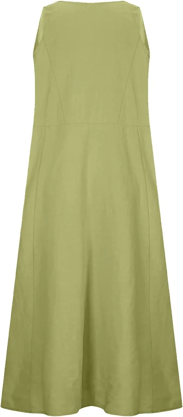 Linen Dresses for Women 2025 Casual Sleeveless Loose V Neck Sundress Fashion Solid Color Summer Dress with Pockets