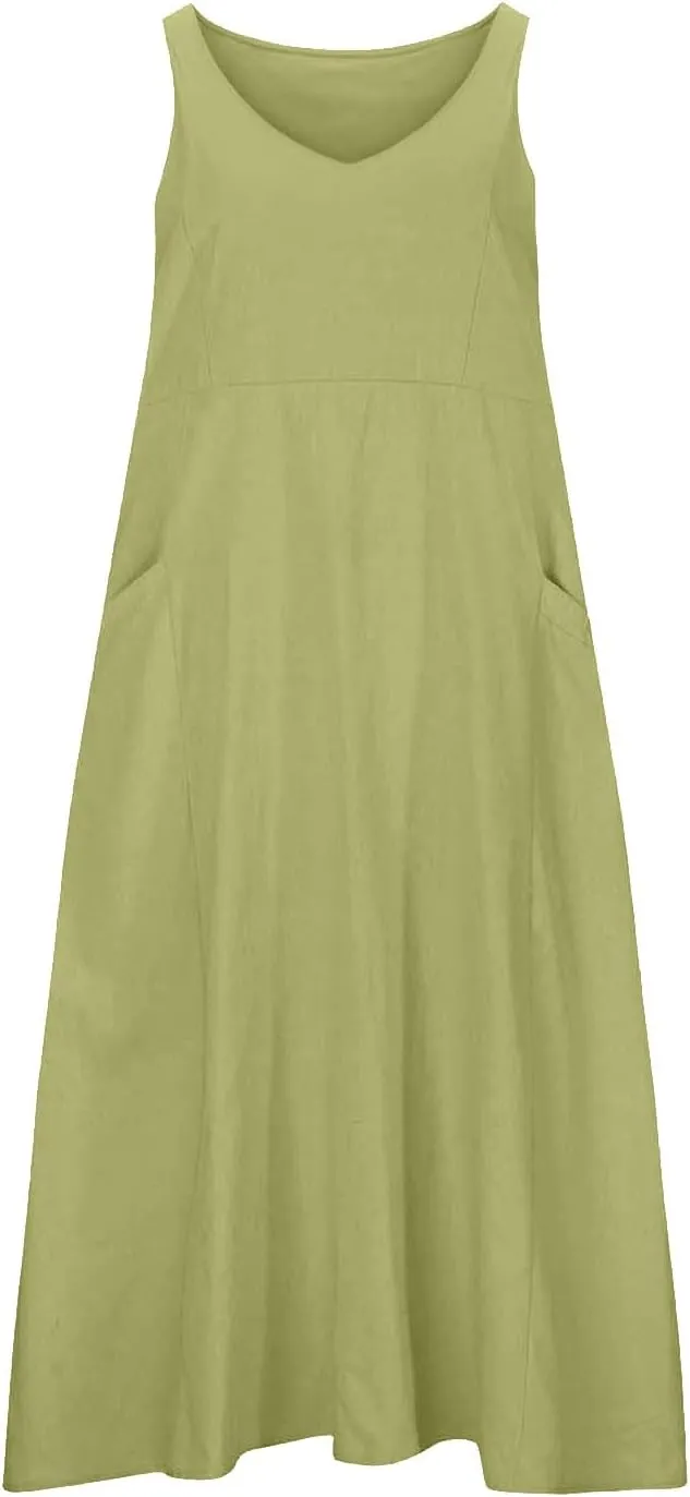 Linen Dresses for Women 2025 Casual Sleeveless Loose V Neck Sundress Fashion Solid Color Summer Dress with Pockets