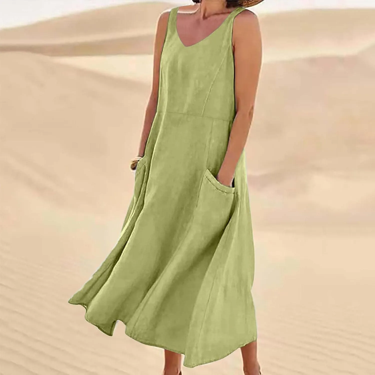 Linen Dresses for Women 2025 Casual Sleeveless Loose V Neck Sundress Fashion Solid Color Summer Dress with Pockets