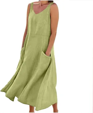Linen Dresses for Women 2025 Casual Sleeveless Loose V Neck Sundress Fashion Solid Color Summer Dress with Pockets