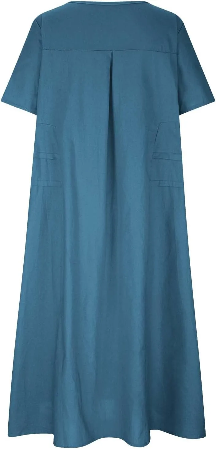 Linen Dresses for Women 2025 Loose Round Neck Short Sleeve Sundress Fashion Solid Color Pleated Summer Dress