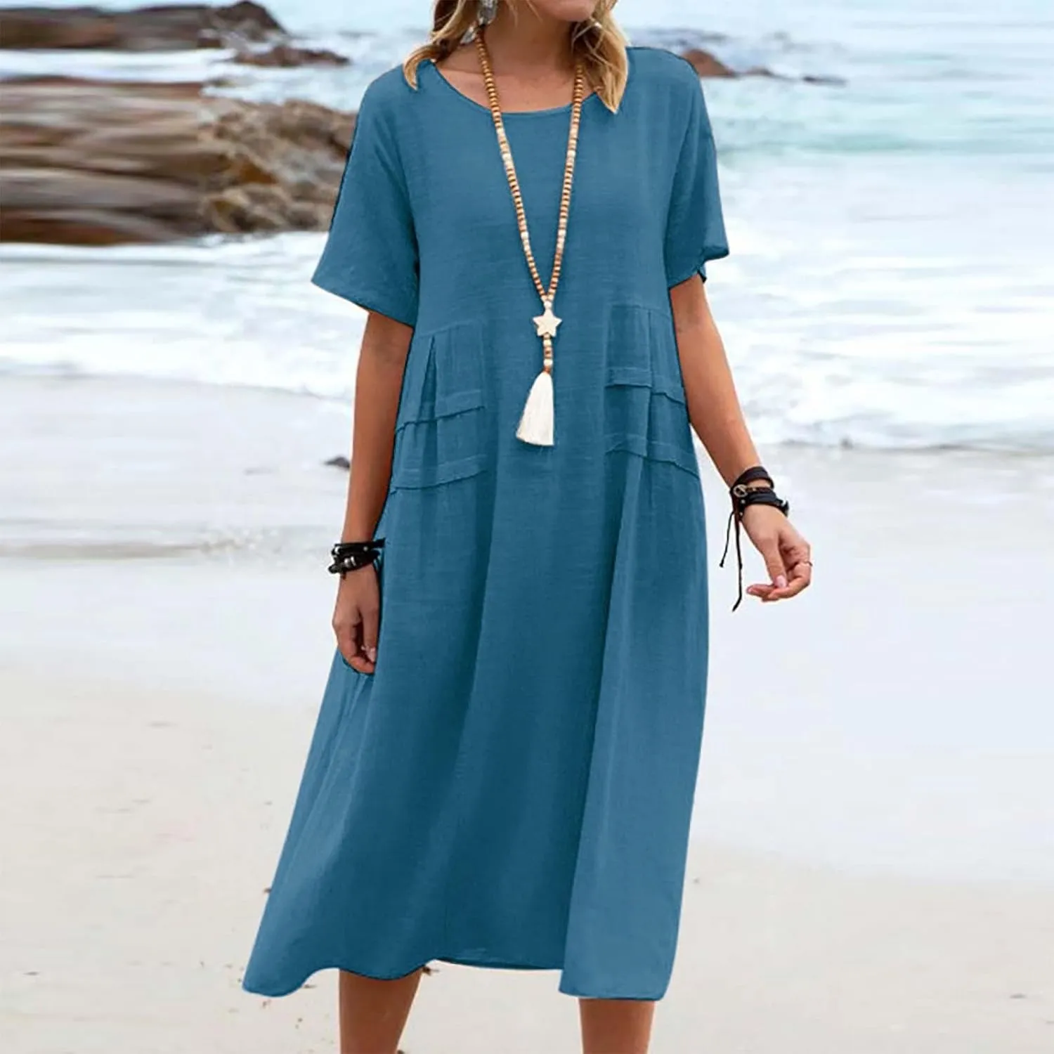 Linen Dresses for Women 2025 Loose Round Neck Short Sleeve Sundress Fashion Solid Color Pleated Summer Dress