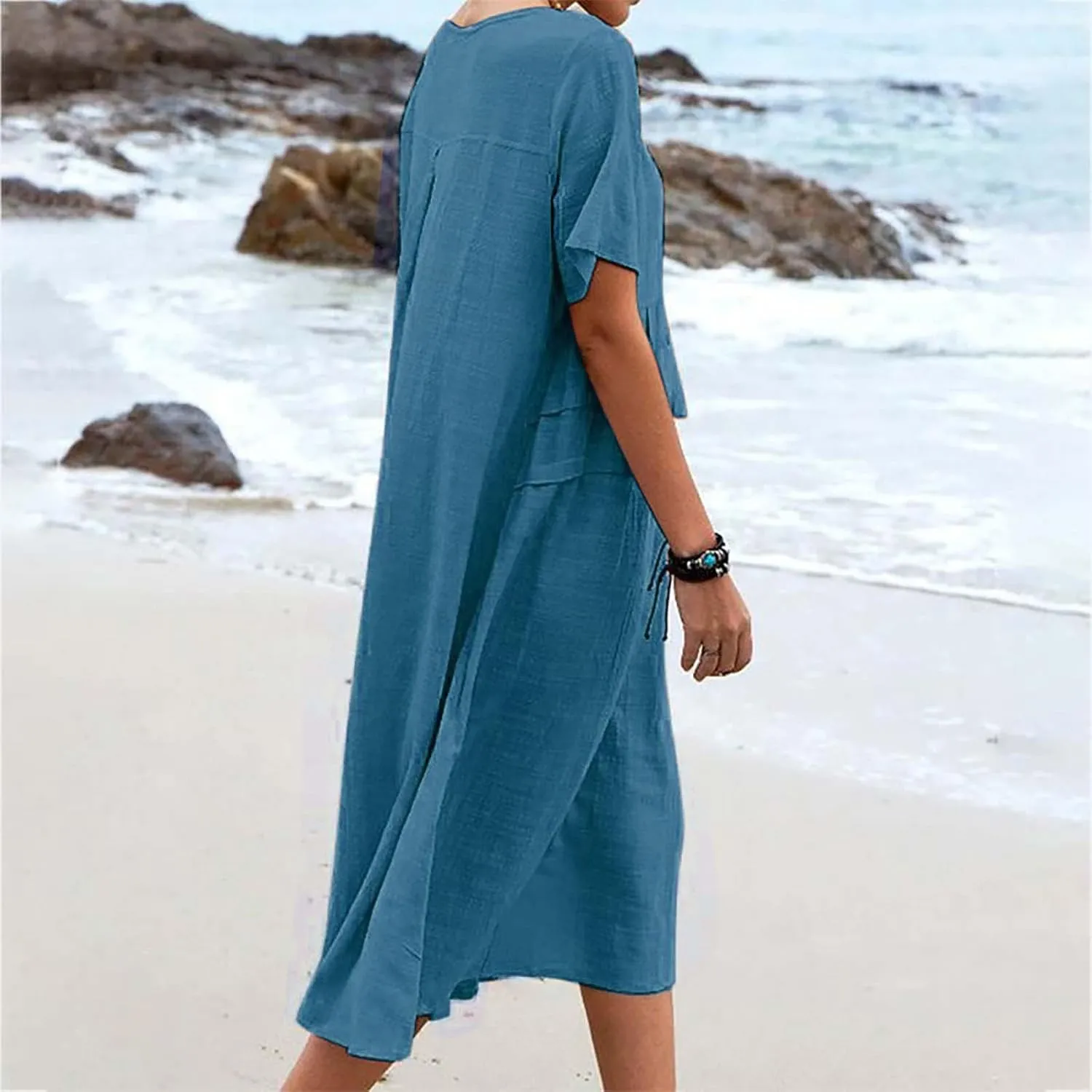 Linen Dresses for Women 2025 Loose Round Neck Short Sleeve Sundress Fashion Solid Color Pleated Summer Dress