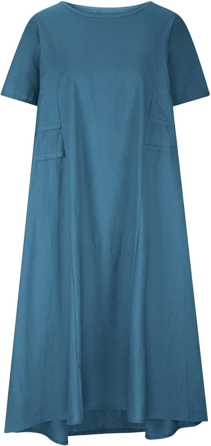 Linen Dresses for Women 2025 Loose Round Neck Short Sleeve Sundress Fashion Solid Color Pleated Summer Dress
