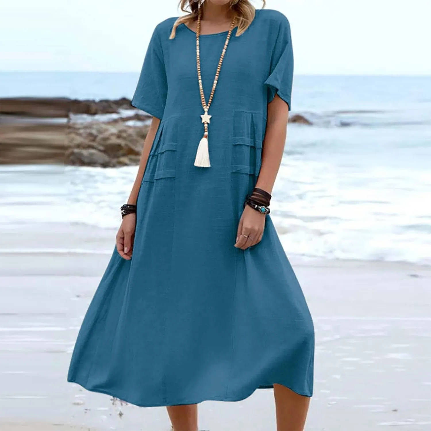 Linen Dresses for Women 2025 Loose Round Neck Short Sleeve Sundress Fashion Solid Color Pleated Summer Dress