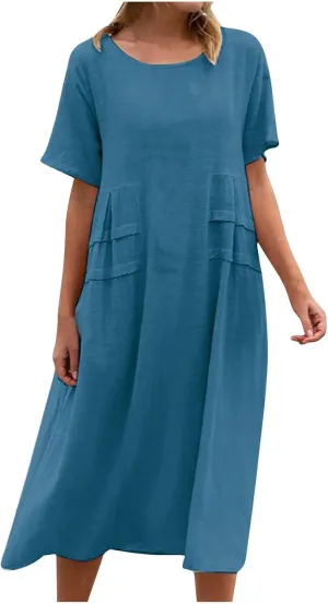 Linen Dresses for Women 2025 Loose Round Neck Short Sleeve Sundress Fashion Solid Color Pleated Summer Dress
