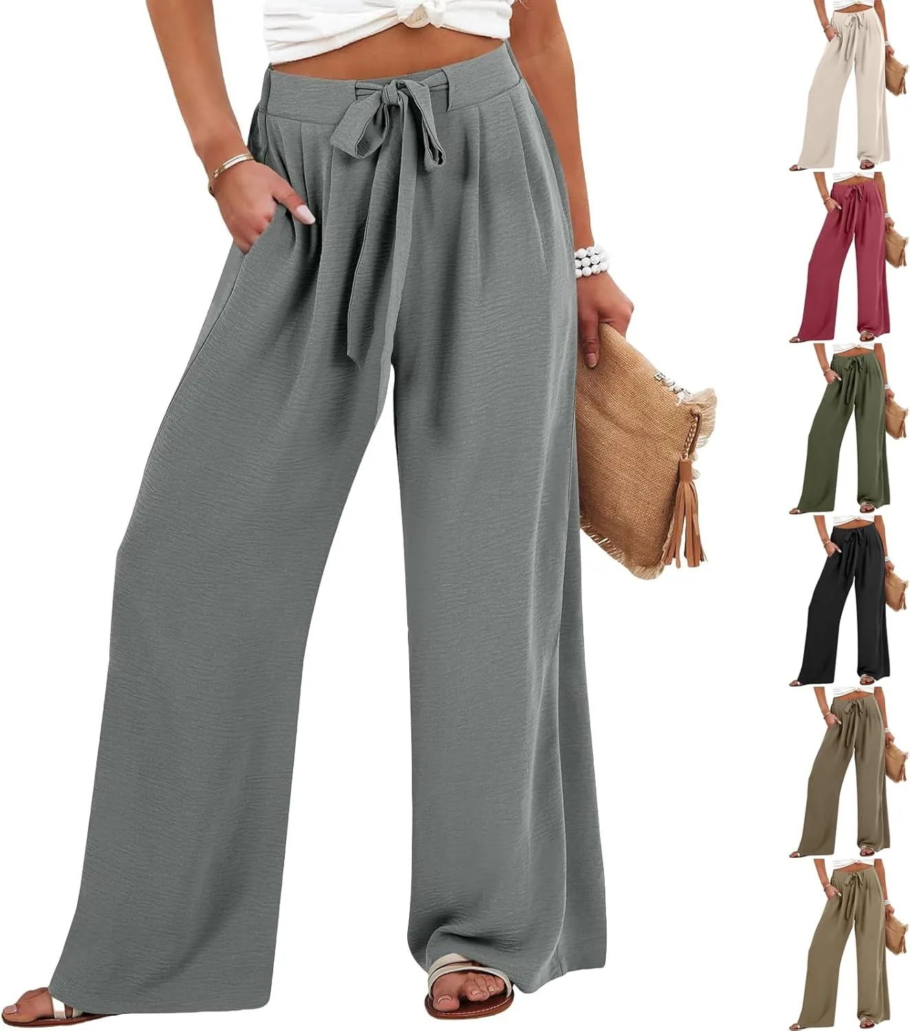 Linen Pants for Women Drawstring Paperbag High Waisted Wide Leg Palazzo Pants Dressy Work Trousers with Pockets