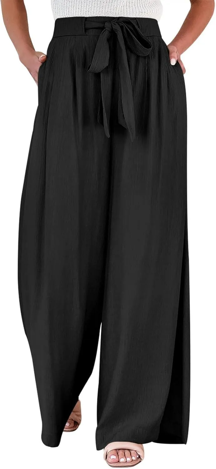 Linen Pants for Women Drawstring Paperbag High Waisted Wide Leg Palazzo Pants Dressy Work Trousers with Pockets