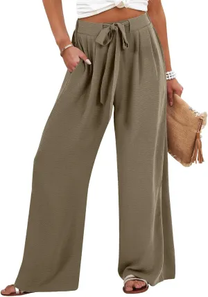 Linen Pants for Women Drawstring Paperbag High Waisted Wide Leg Palazzo Pants Dressy Work Trousers with Pockets