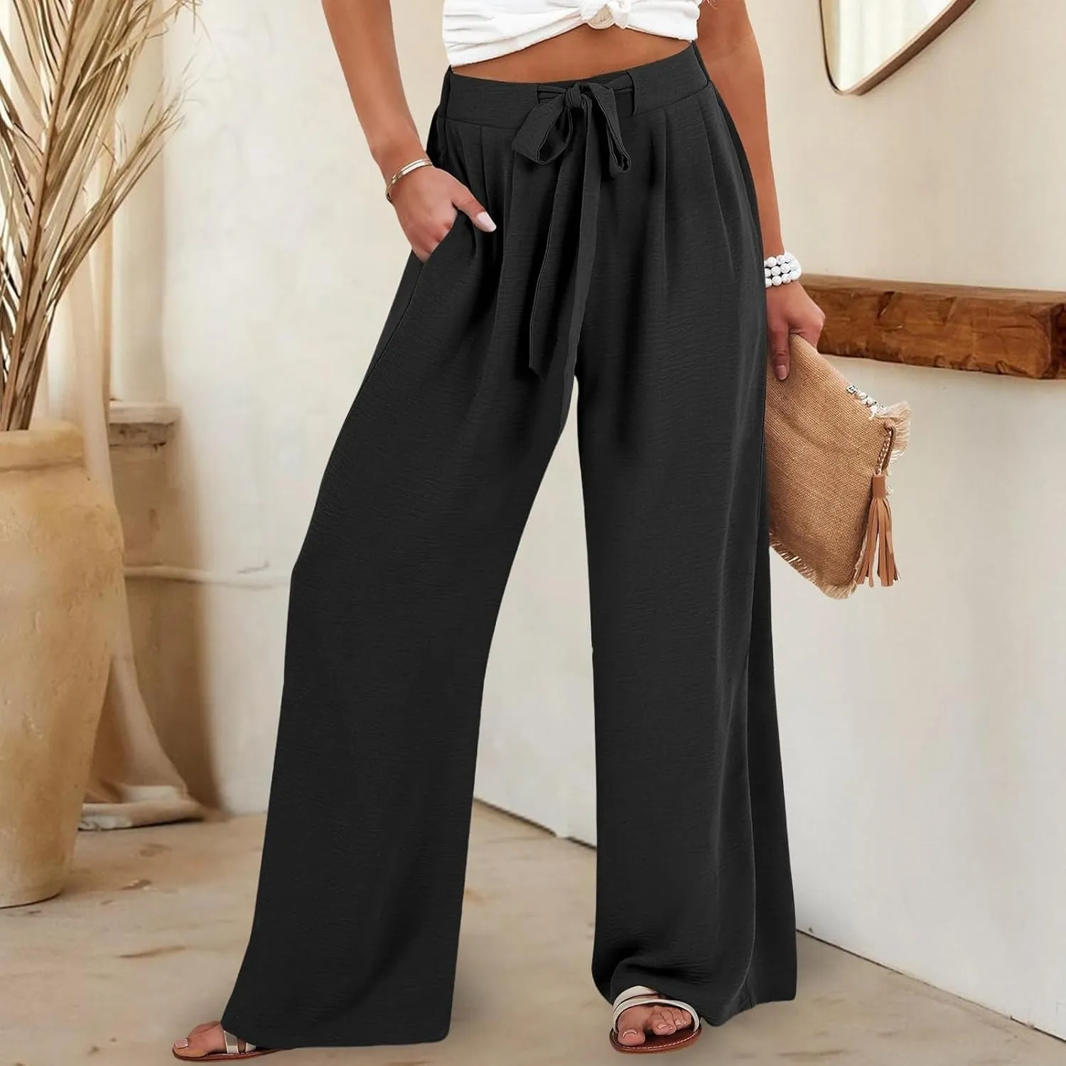 Linen Pants for Women Drawstring Paperbag High Waisted Wide Leg Palazzo Pants Dressy Work Trousers with Pockets