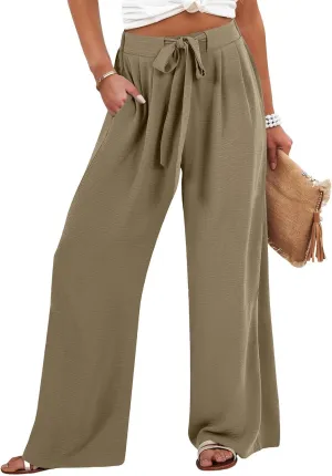 Linen Pants for Women Drawstring Paperbag High Waisted Wide Leg Palazzo Pants Dressy Work Trousers with Pockets
