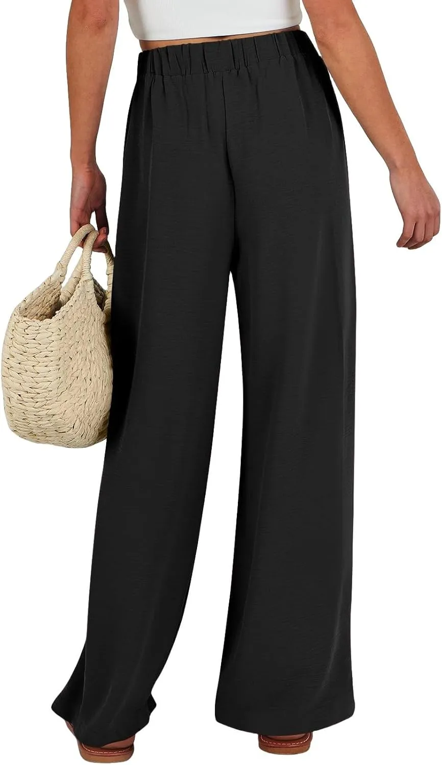 Linen Pants for Women Drawstring Paperbag High Waisted Wide Leg Palazzo Pants Dressy Work Trousers with Pockets