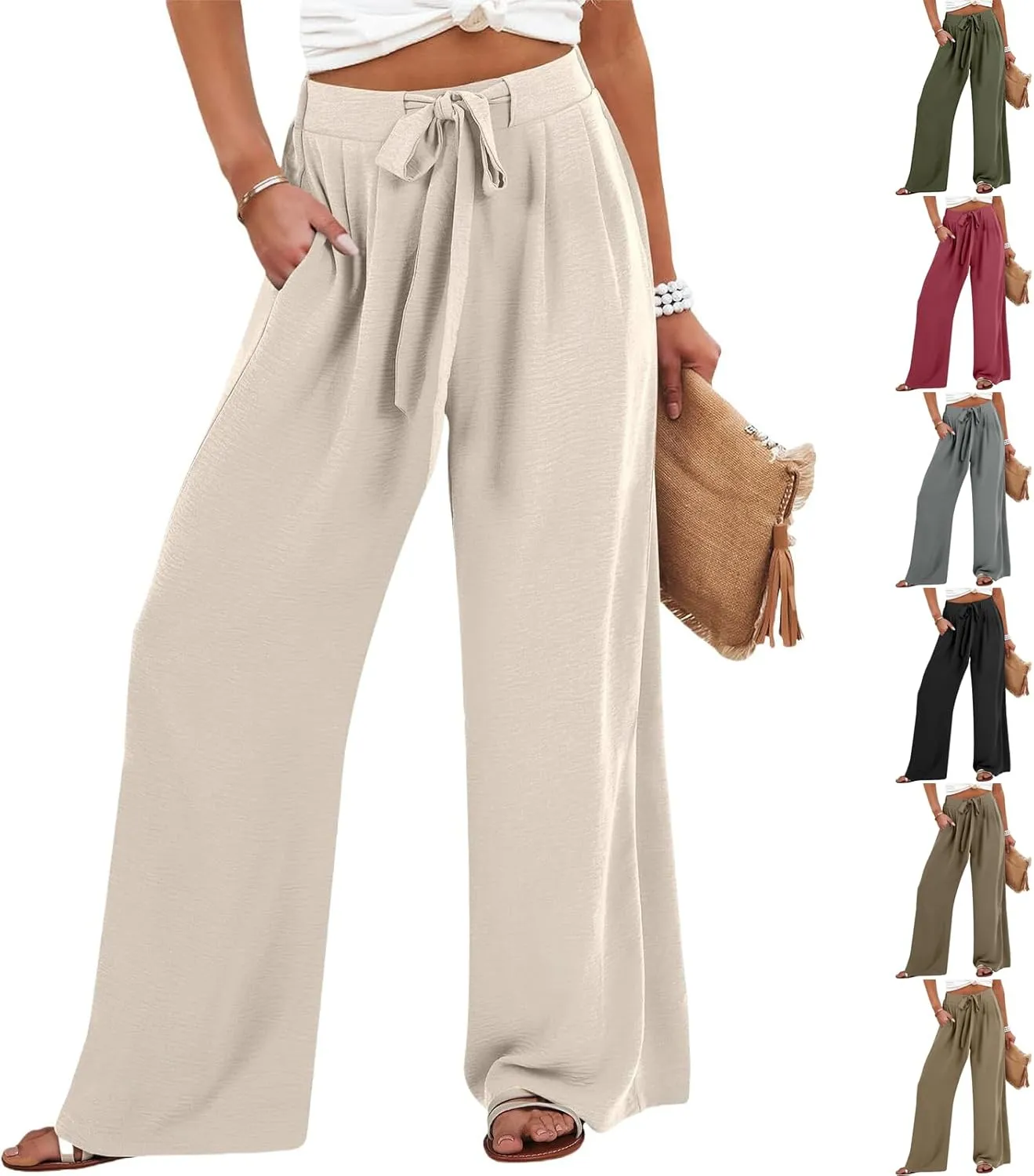 Linen Pants for Women Drawstring Paperbag High Waisted Wide Leg Palazzo Pants Dressy Work Trousers with Pockets