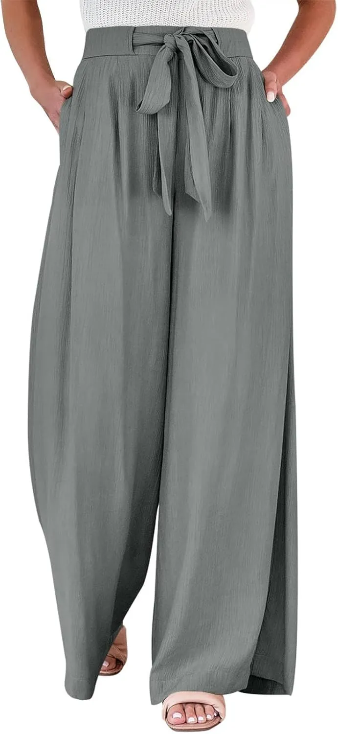Linen Pants for Women Drawstring Paperbag High Waisted Wide Leg Palazzo Pants Dressy Work Trousers with Pockets