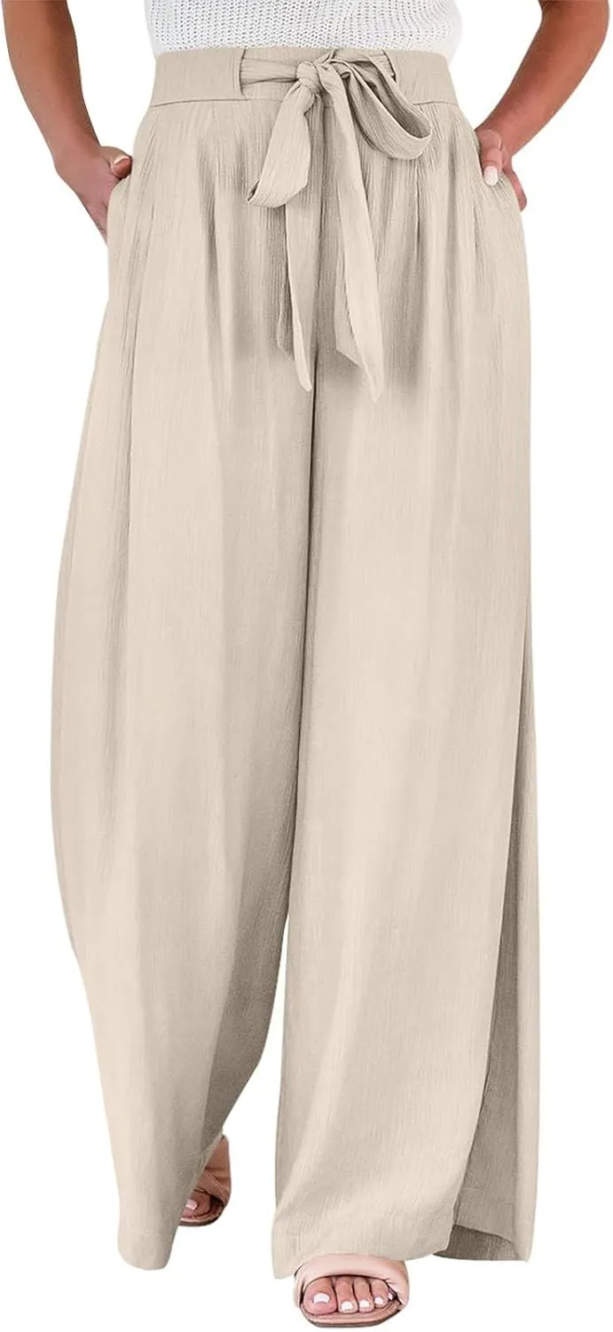 Linen Pants for Women Drawstring Paperbag High Waisted Wide Leg Palazzo Pants Dressy Work Trousers with Pockets