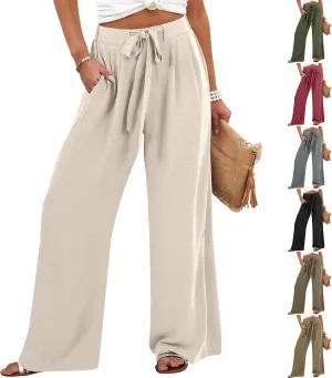 Linen Pants for Women Drawstring Paperbag High Waisted Wide Leg Palazzo Pants Dressy Work Trousers with Pockets