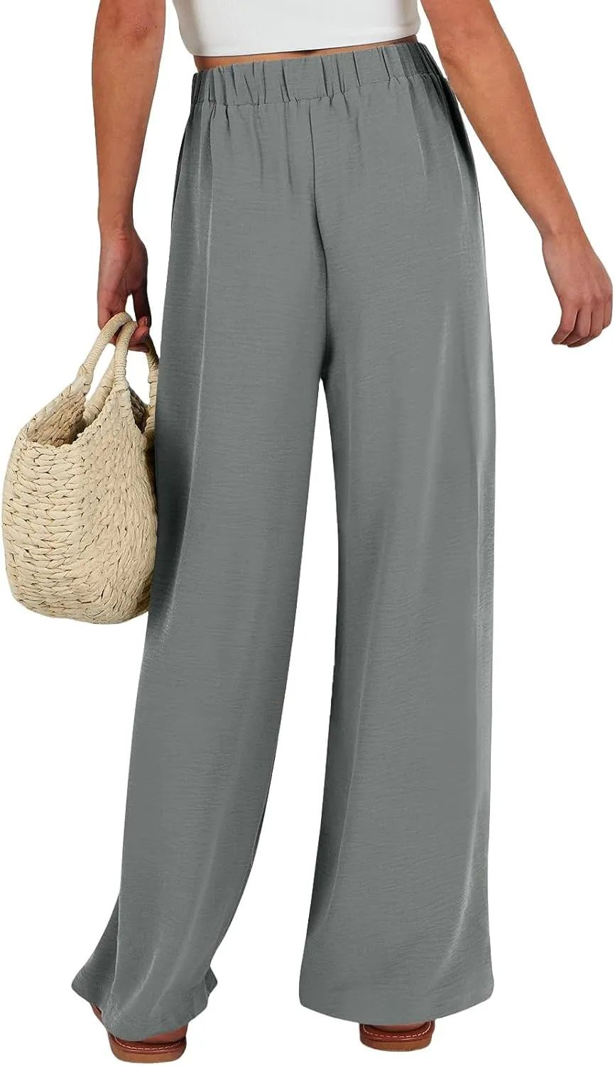 Linen Pants for Women Drawstring Paperbag High Waisted Wide Leg Palazzo Pants Dressy Work Trousers with Pockets