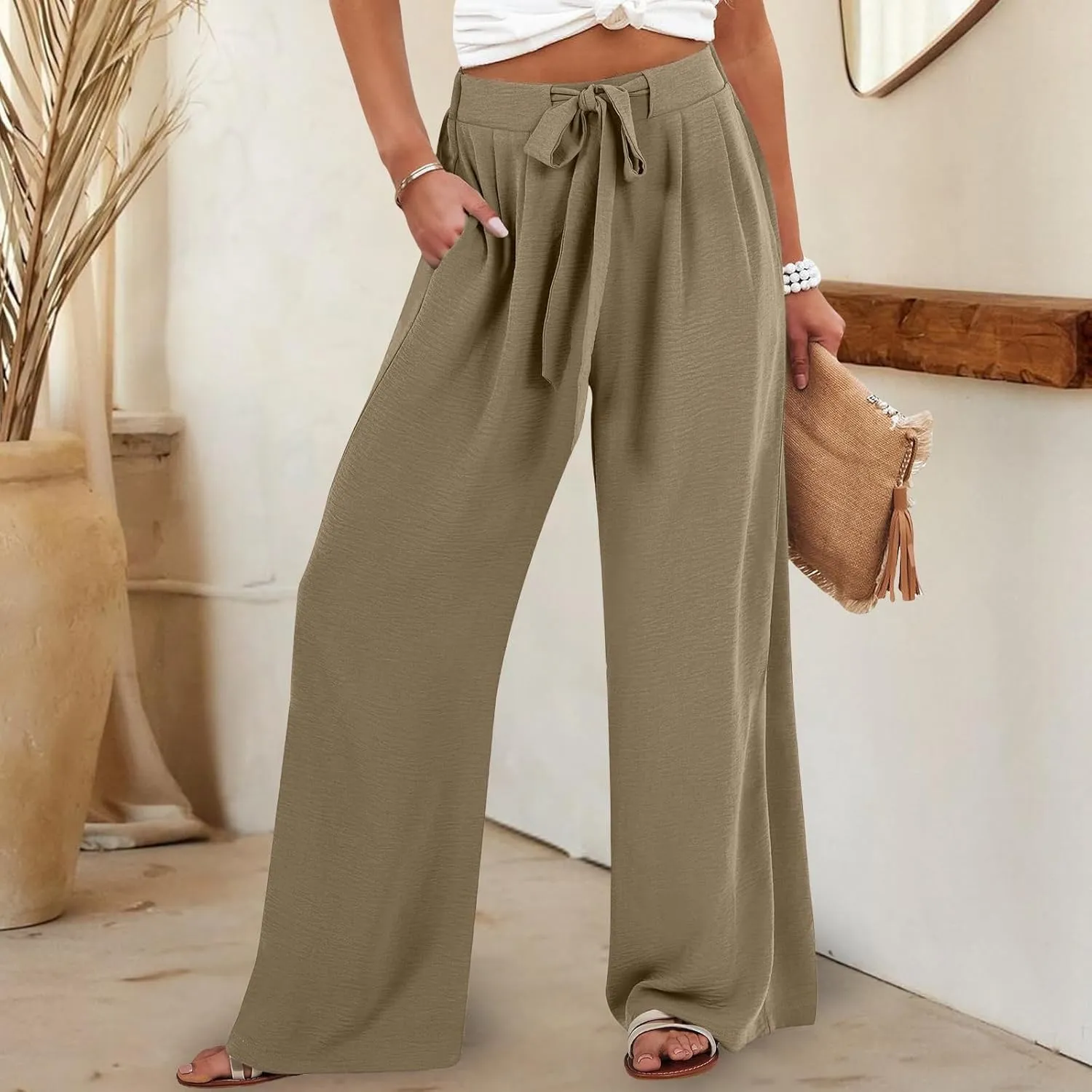 Linen Pants for Women Drawstring Paperbag High Waisted Wide Leg Palazzo Pants Dressy Work Trousers with Pockets