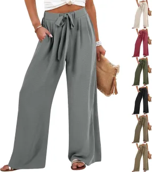 Linen Pants for Women Drawstring Paperbag High Waisted Wide Leg Palazzo Pants Dressy Work Trousers with Pockets
