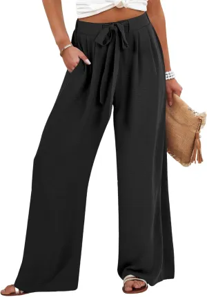 Linen Pants for Women Drawstring Paperbag High Waisted Wide Leg Palazzo Pants Dressy Work Trousers with Pockets