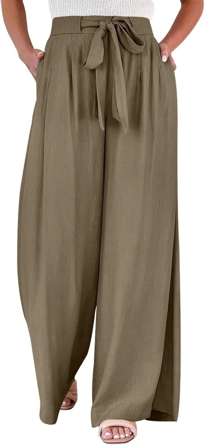 Linen Pants for Women Drawstring Paperbag High Waisted Wide Leg Palazzo Pants Dressy Work Trousers with Pockets