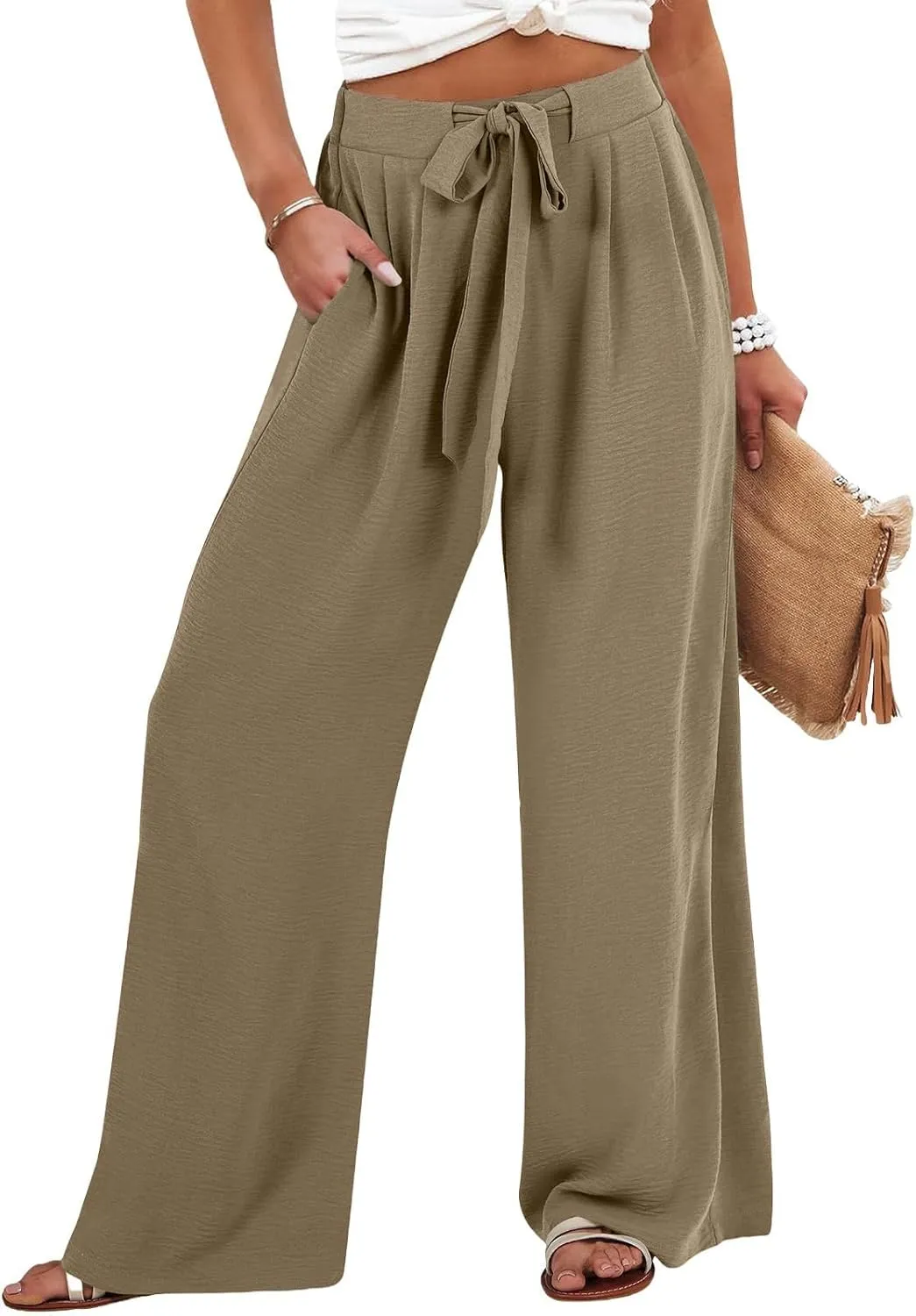 Linen Pants for Women Drawstring Paperbag High Waisted Wide Leg Palazzo Pants Dressy Work Trousers with Pockets