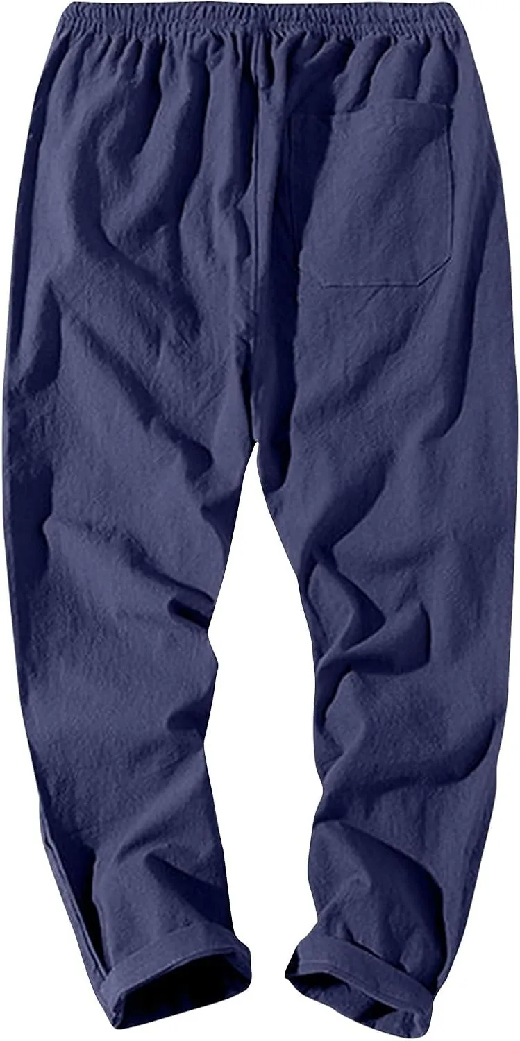 Linen Pants Men Relaxed Fit Drawstring Waist Lounge Pants with Pockets Summer Casual Comfy Big and Tall Work Pants