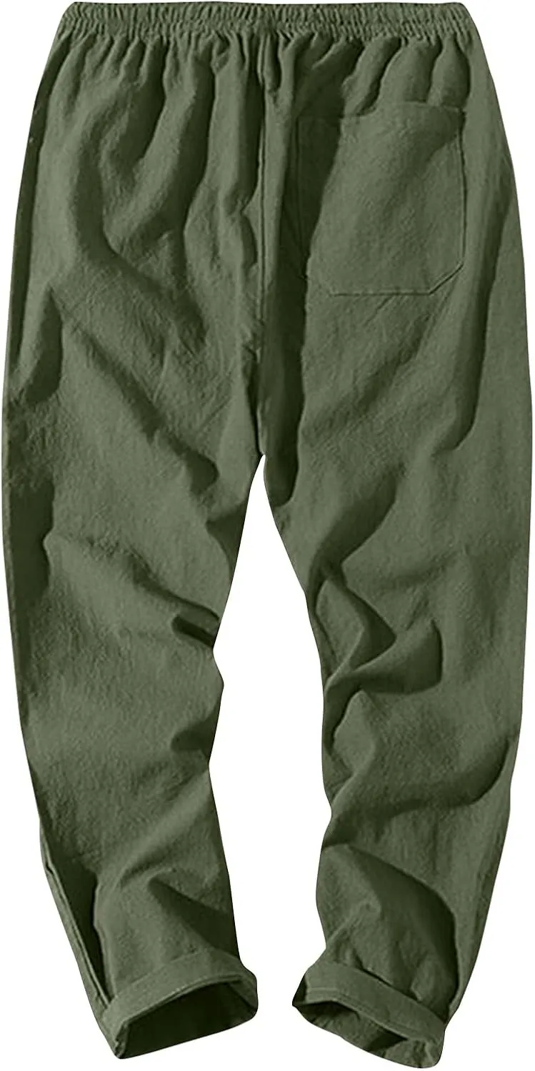 Linen Pants Men Relaxed Fit Drawstring Waist Lounge Pants with Pockets Summer Casual Comfy Big and Tall Work Pants