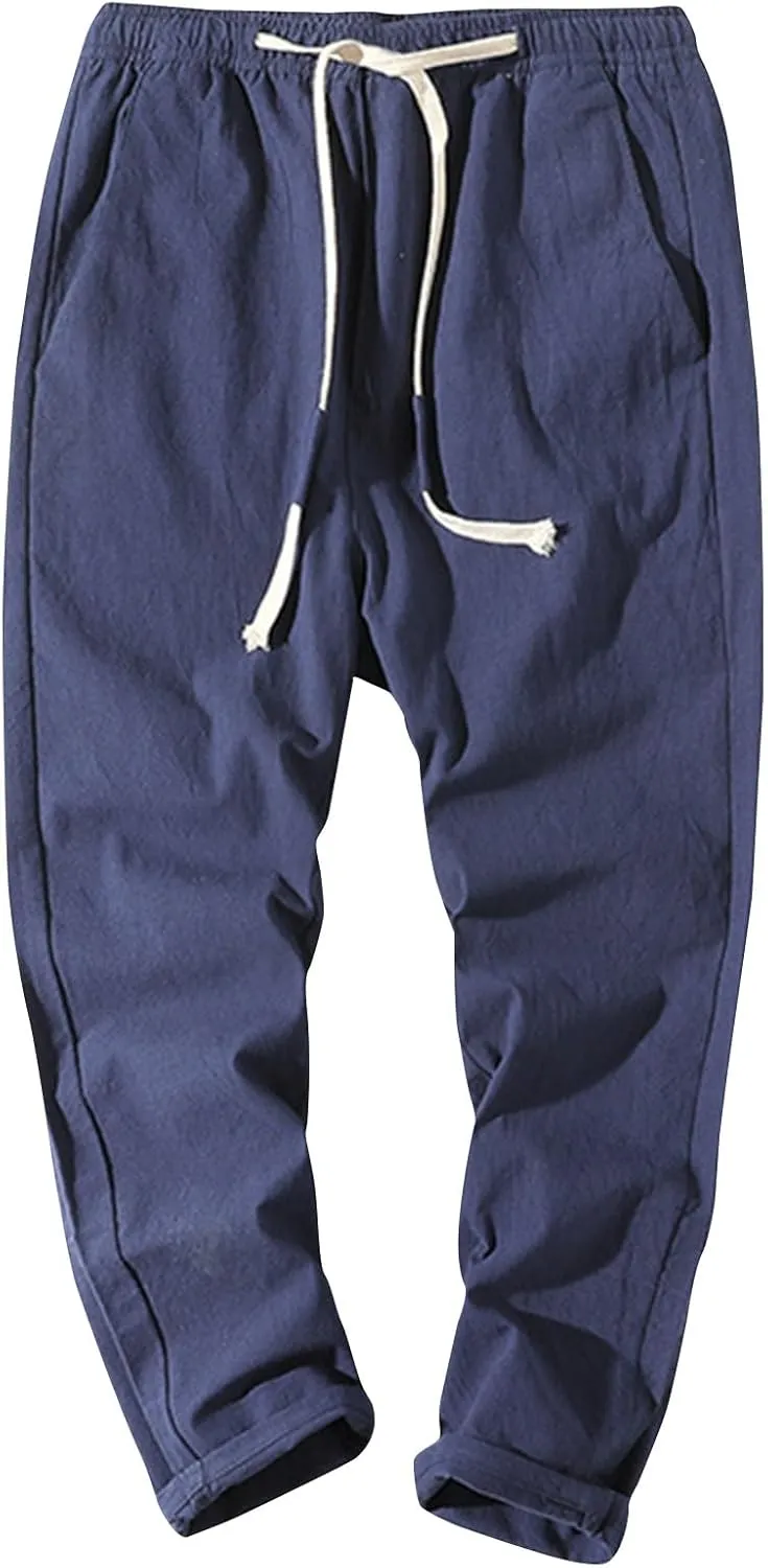 Linen Pants Men Relaxed Fit Drawstring Waist Lounge Pants with Pockets Summer Casual Comfy Big and Tall Work Pants