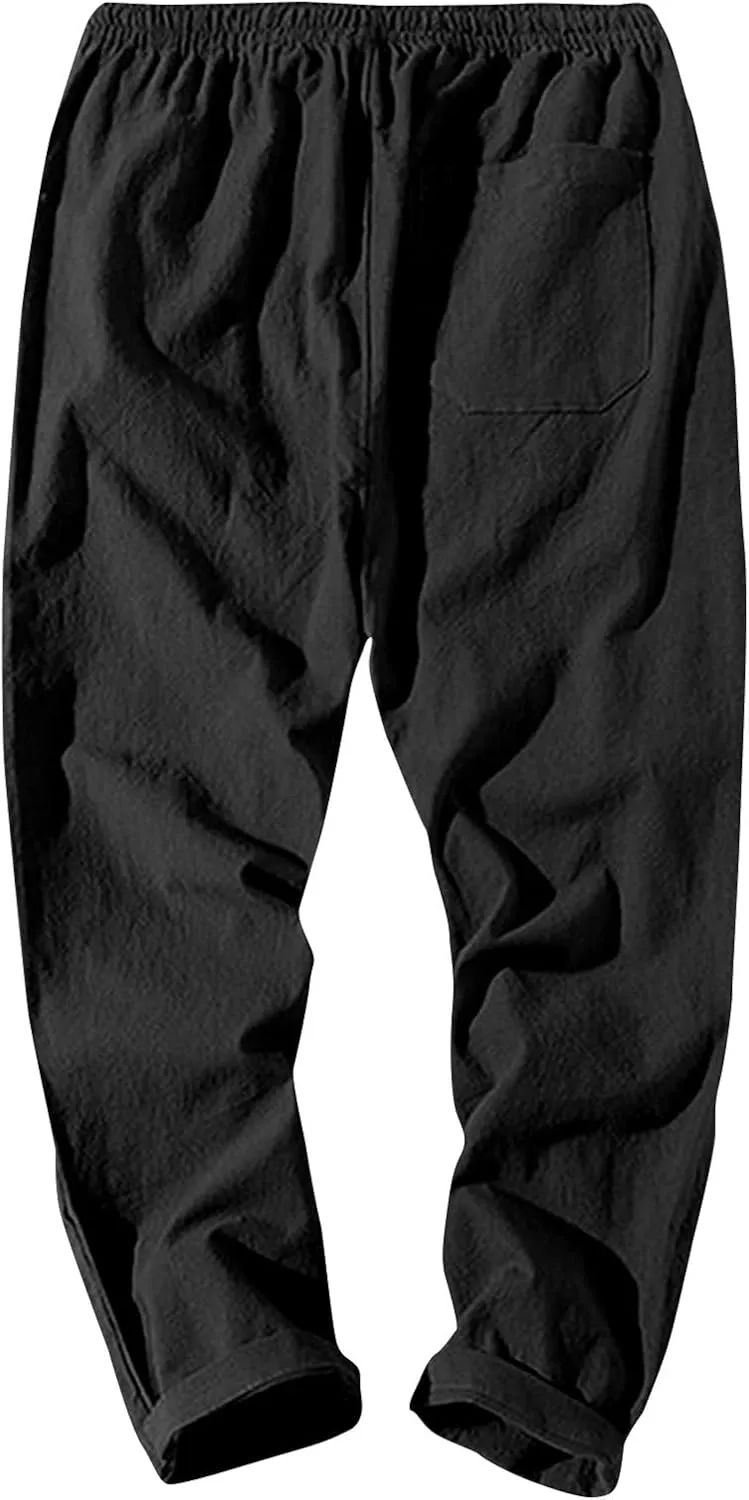 Linen Pants Men Relaxed Fit Drawstring Waist Lounge Pants with Pockets Summer Casual Comfy Big and Tall Work Pants