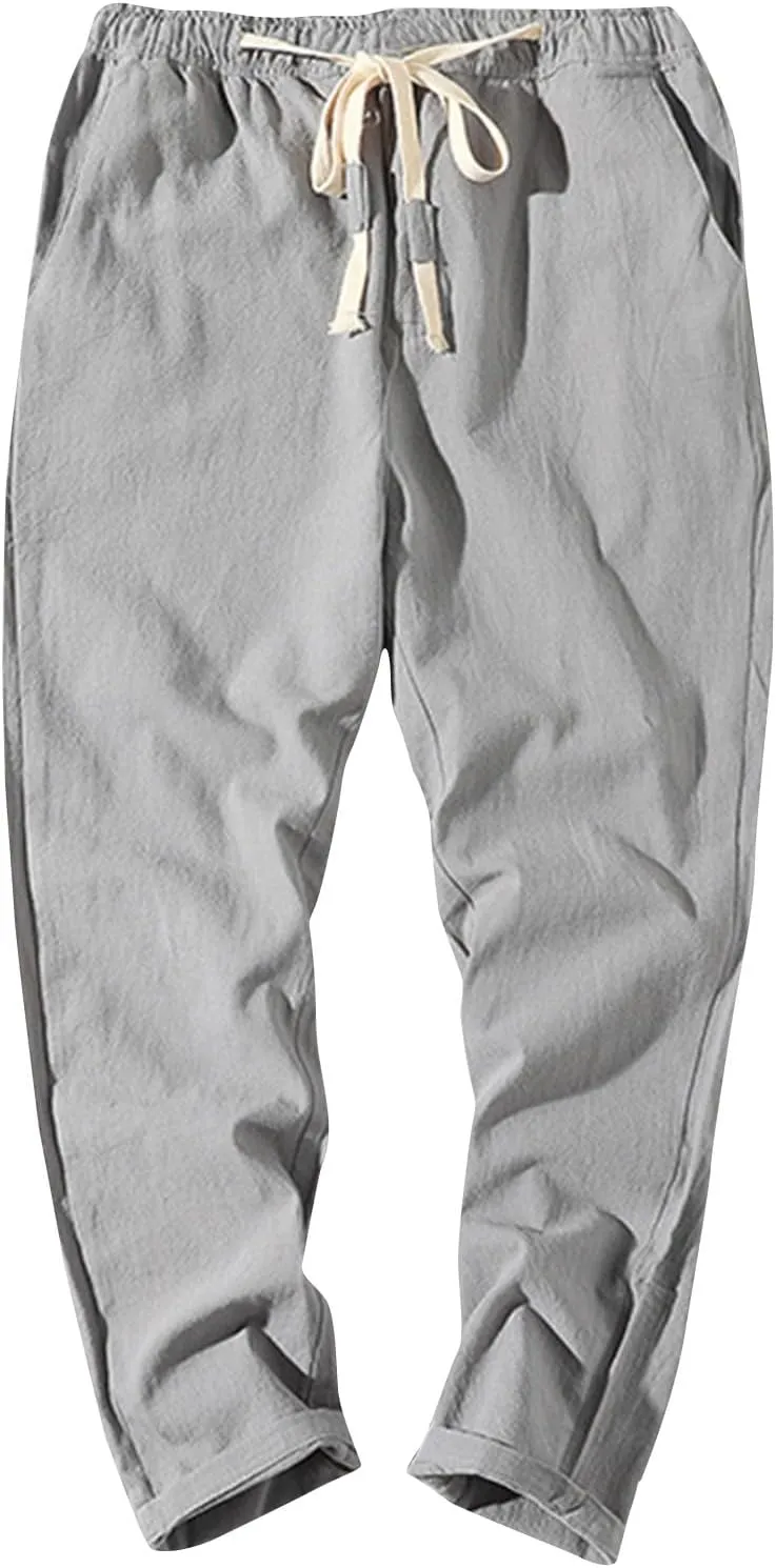 Linen Pants Men Relaxed Fit Drawstring Waist Lounge Pants with Pockets Summer Casual Comfy Big and Tall Work Pants