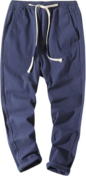 Linen Pants Men Relaxed Fit Drawstring Waist Lounge Pants with Pockets Summer Casual Comfy Big and Tall Work Pants