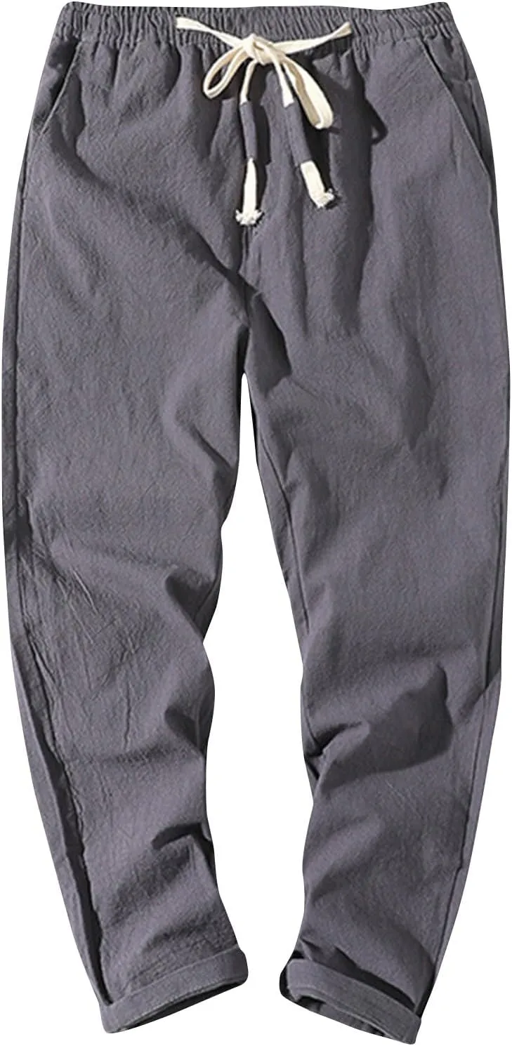 Linen Pants Men Relaxed Fit Drawstring Waist Lounge Pants with Pockets Summer Casual Comfy Big and Tall Work Pants