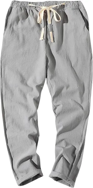 Linen Pants Men Relaxed Fit Drawstring Waist Lounge Pants with Pockets Summer Casual Comfy Big and Tall Work Pants