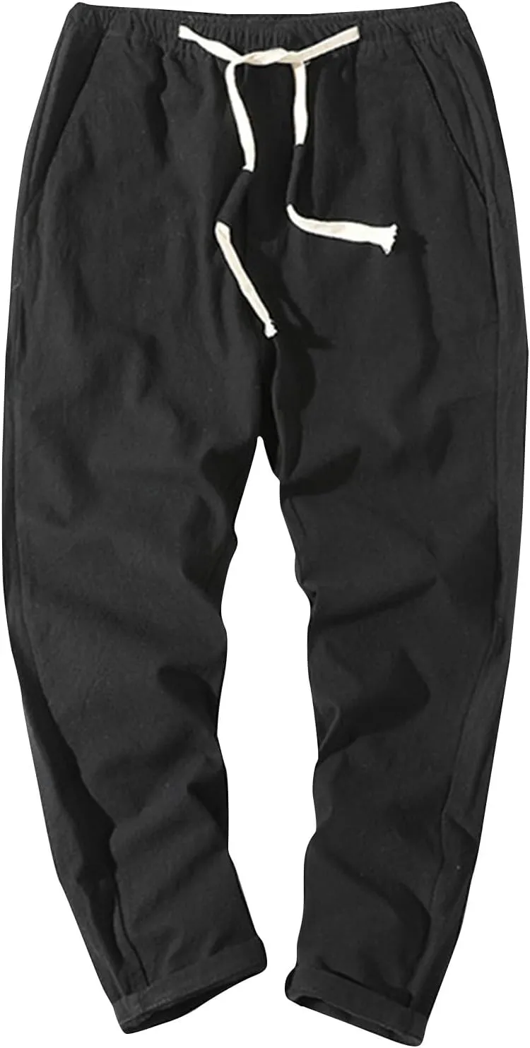 Linen Pants Men Relaxed Fit Drawstring Waist Lounge Pants with Pockets Summer Casual Comfy Big and Tall Work Pants