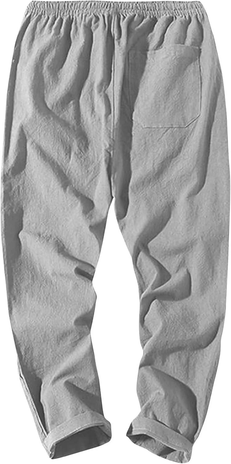 Linen Pants Men Relaxed Fit Drawstring Waist Lounge Pants with Pockets Summer Casual Comfy Big and Tall Work Pants