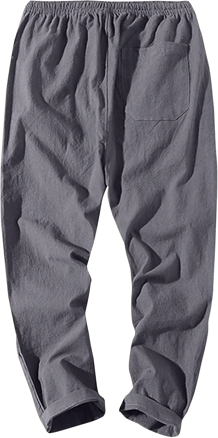 Linen Pants Men Relaxed Fit Drawstring Waist Lounge Pants with Pockets Summer Casual Comfy Big and Tall Work Pants