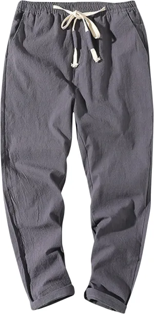 Linen Pants Men Relaxed Fit Drawstring Waist Lounge Pants with Pockets Summer Casual Comfy Big and Tall Work Pants