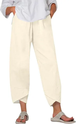 Linen Pants Women Summer Boho Elastic Waist Wide Leg Capri Pants Dressy High Waist Solid Straight with Pockets Outfits