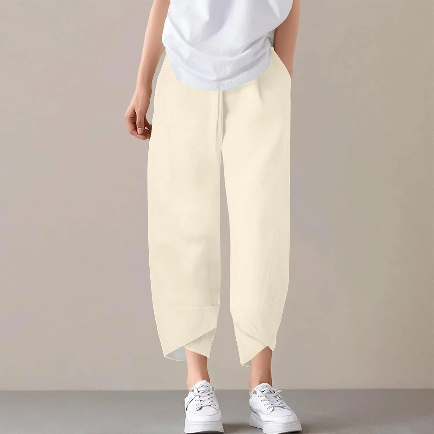 Linen Pants Women Summer Boho Elastic Waist Wide Leg Capri Pants Dressy High Waist Solid Straight with Pockets Outfits